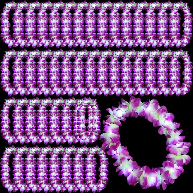 Sherr 48 Pcs LED Hawaiian Leis Light up Flower Leis Necklace with LED Lights Luau Flowers Necklaces for Masquerade Beach Wedding Tropical Themed Party Supplies(Purple)