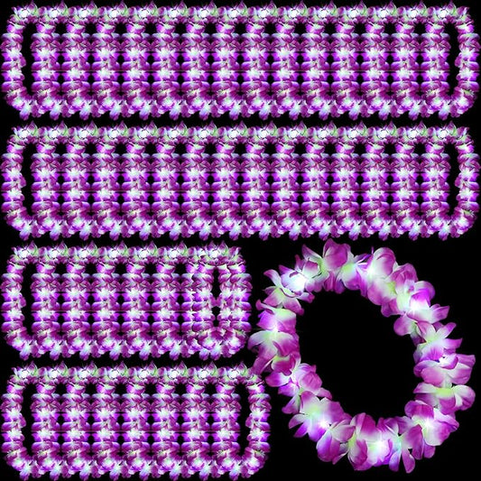 Sherr 48 Pcs LED Hawaiian Leis Light up Flower Leis Necklace with LED Lights Luau Flowers Necklaces for Masquerade Beach Wedding Tropical Themed Party Supplies(Purple)