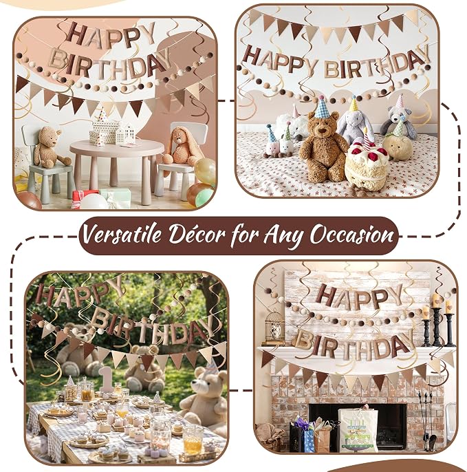 Kriyokiaa Pre-Strung Felt Happy Birthday Banner Retro Brown Happy Birthday Party Decorations with Pom Pom Garland, Flag and Hanging Swrils for Women Men Boys Girls Party Decor