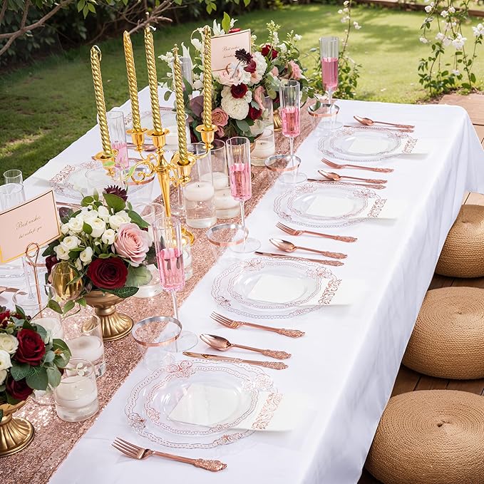 Ciaell 175 PCS Rose and Gold Plastic Plates - Fancy Rose Gold Disposable Dinnerware Set with of 50 Plates, 25 Knives, 25 Forks, 25 Spoons, 25 Cups, 25 Napkins for Wedding & Party & Mother's Day