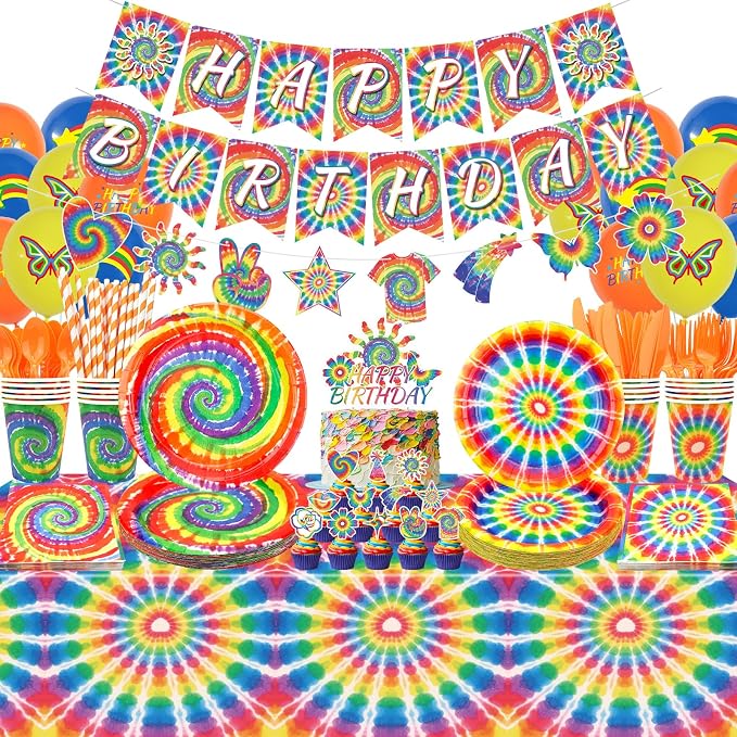 Tie Dye Birthday Party Decorations, Includes Happy Birthday Banner, Plates, Tablecloth, Cups, Balloon and Straws, for 60s Hippie Party Supplies, Serves 20 Guest