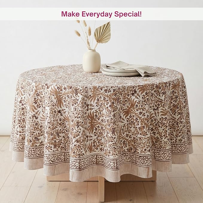 ATOSII Nargis Cider 100% Cotton Round Boho Fall Tablecloth, Handblock Floral Table Cloth Linen for Kitchen Dining I Parties Weddings Outdoors Picnics Easter Mothers Day I 72" Inches Round I 4 Seater