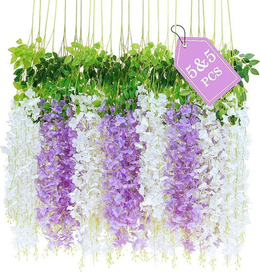 BLEUM CADE 10Pcs White & Purple Fake Wisteria Hanging Flowers, 3.6Ft/Pcs Artificial Wisteria Garland, Hanging Flowers for Wedding Party Home Backdrop Wall Decoration