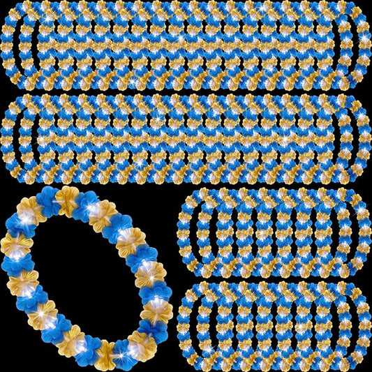 Sherr 48 Pcs Graduation LED Hawaiian Leis Class of 2026 Light Up Flower Leis Necklace with LED Lights Gold Blue Luau Flowers Necklaces for Graduation Party Decoration Supplies