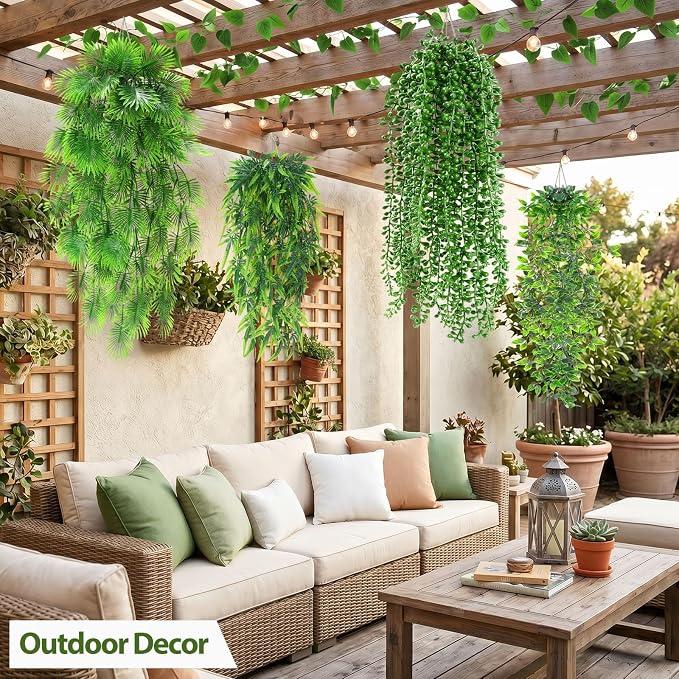 Daifunli 12 Pcs Artificial Hanging Plants Fake Hanging Ferns Plastic Fake Plant for Wall Room Garden Garland Indoor Outdoor Decor No Basket (Palm,Mandala,String of Pearls,Maple Leaf)