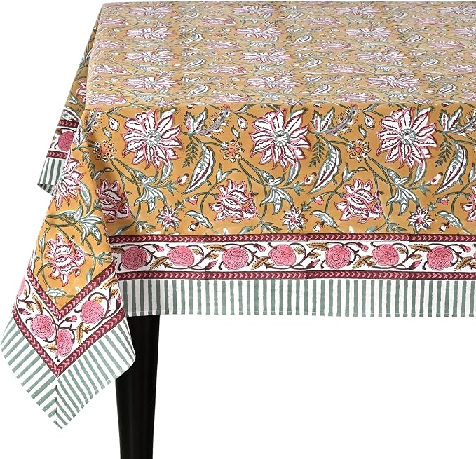 Ridhi Biscotti Yellow Hand Block Print Cotton Rectangle Tablecloth 190" x 72" inches Reusable Table Cover Decorative Everyday Use for Dining Room, Farmhouse, Home Gift for Spring, Mother's Day