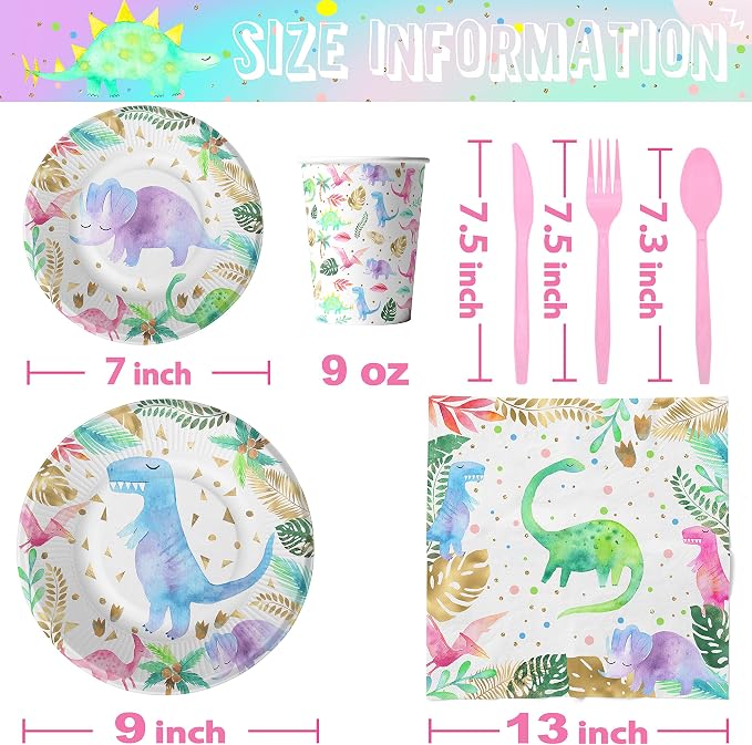 Girl Dinosaur Birthday Decorations - Serves 20 - Pink Dinosaur Birthday Plates and Napkins Set with Cups and Cutlery - Pastel Floral Girl Dinosaur Party Supplies for Three-Rex, 1st 2nd 3rd Birthday
