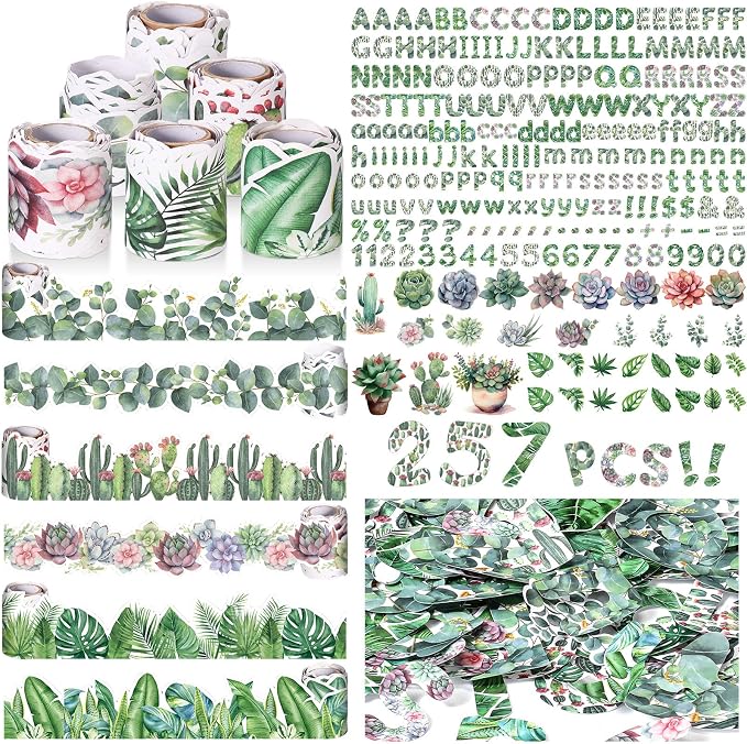 Kosiz Plant Bulletin Board Decoration Set 118 ft Scalloped Bulletin Board Borders Classroom Poster Border Trim with 257 Pcs Letter Number Symbol Cutout for School Decor
