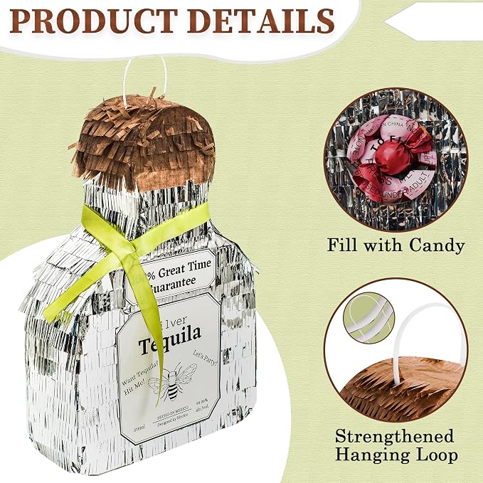 Tequila Bottle Pinata, Silver, Perfect for Birthday Parties, 10.5 x 10.5 x 4 Inches, 5 Pound Capacity, Adult-Party Pinata