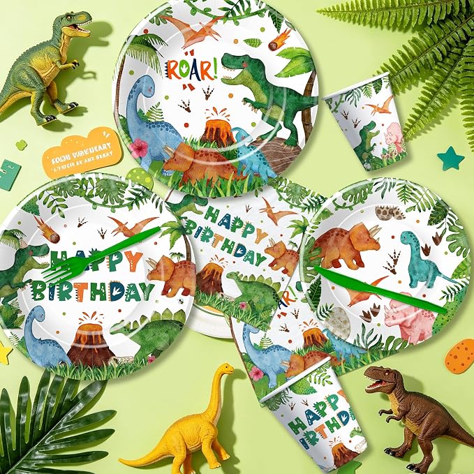 Dinosaur Birthday Decorations for Kids, Jungle Animal Dino Dinosaur Party Supplies for Birthday Baby Shower, Plate, Napkin, Cup, Banner, Tablecloth, Balloon, Swirl, Backdrop, Curtain, Serves 24