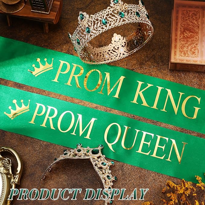 Ferreve 4 Pcs Prom King and Queen Crowns and Sashes Set Graduation Prom King and Queen Tiara Sash for 80's Prom Party Favors(Green)