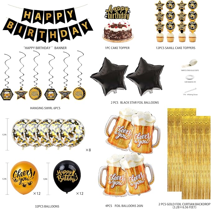 Black and Gold Party Decorations for Men and Women: Happy Birthday Banner, Fringe Curtains, "Cheers to You" Foil Balloons, Hanging Swirls, Photo Props, Birthday Sash