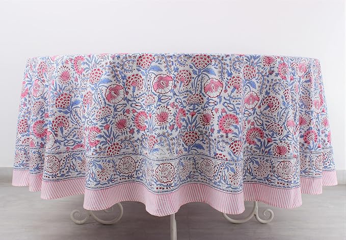 Ridhi Round Tablecloth Hand Block Print 100% Cotton Reusable Flamingo Pink 132 Inch Table Cover Decorative Everyday Use for Dining, Home, Party, Wedding, Farmhouse, Party Gift for Spring, Mother's Day