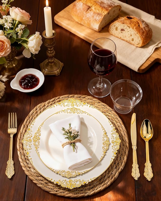 Nervure 175PCS Ivory Plastic Plates - Ivory Gold Plastic Dinnerware Sets for 25 Guests - 50 Gold Disposable Plates, 25 Pre Rolled Cutlery Set, 25 Cups Perfect for Wedding, Party & Mothers Day