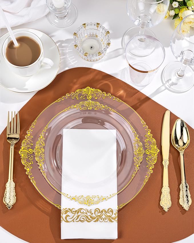Nervure 100PCS Clear and Gold Plastic Plates - 10.25Inch Gold Disposable Plates - Heavyweight Dinner Plate for Wedding & Party