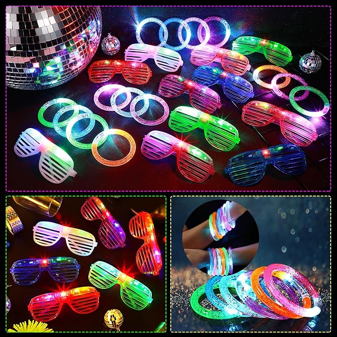 Honoson 96 Pack Glow in the Dark Party Supplies, Light up Glasses LED Bracelets, Neon Favor Flashing Bulk Gift for Adult (Vibrant Color)