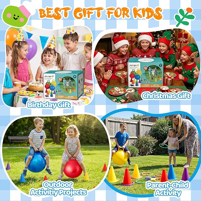 JOY SPOT! Carnival Outdoor Games Combo Set for Kids, 18 Inch Hopper Balls with Handles, Ring Toss, Bean Bags, Egg Spoon Relay Race, Fun for Backyard, Field Day, School, Birthday Parties, Family Events