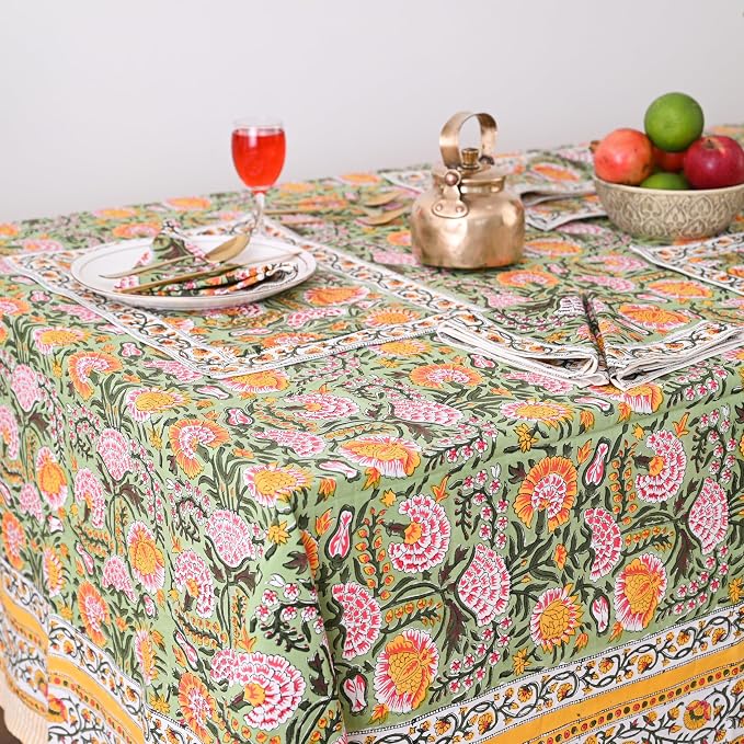 Hand Block Printed Tablecloth, Colorful Floral Print, Indian Artisan Handmade Art, Dining Room, Kitchen, Outdoor Décor, Party Decor, (Daisy Sunshine, 72 x 160 Inches, 14 Napkins)