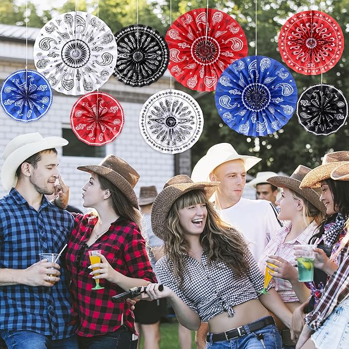 Outus 9 Pcs Western Party Decorations Paper Fans Wild West Bandana Hanging Paper Fans Ceiling Wall Garland for Western Cowboy Themed Party Decorations (Red/Blue/White/Black)
