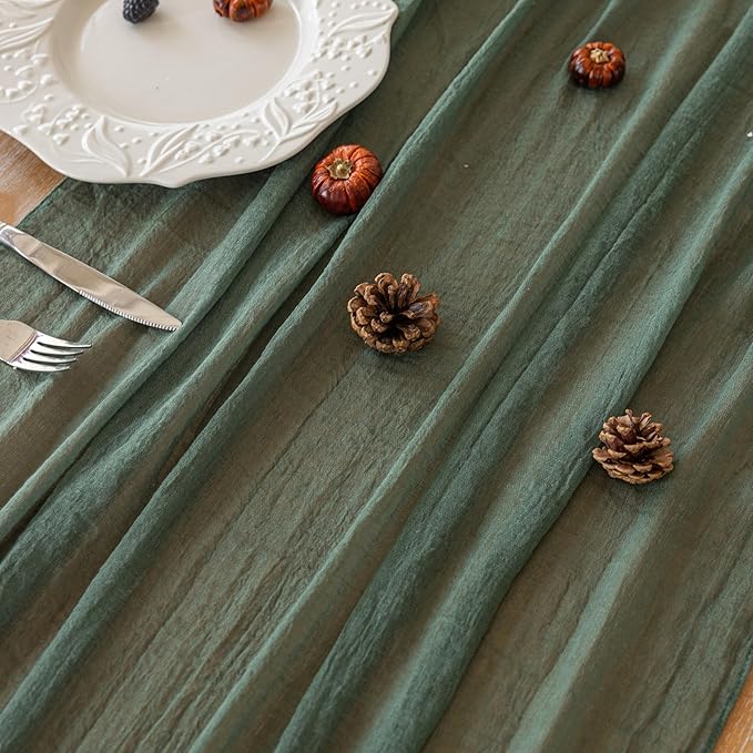 Keketoarrange Forest Green Summer Table Runner Gauze Rustic Cheesecloth 120 Inch 10 FT for Wedding Baby Shower Bridal Shower Birthday Party Sheer Boho Spring Home Decorations