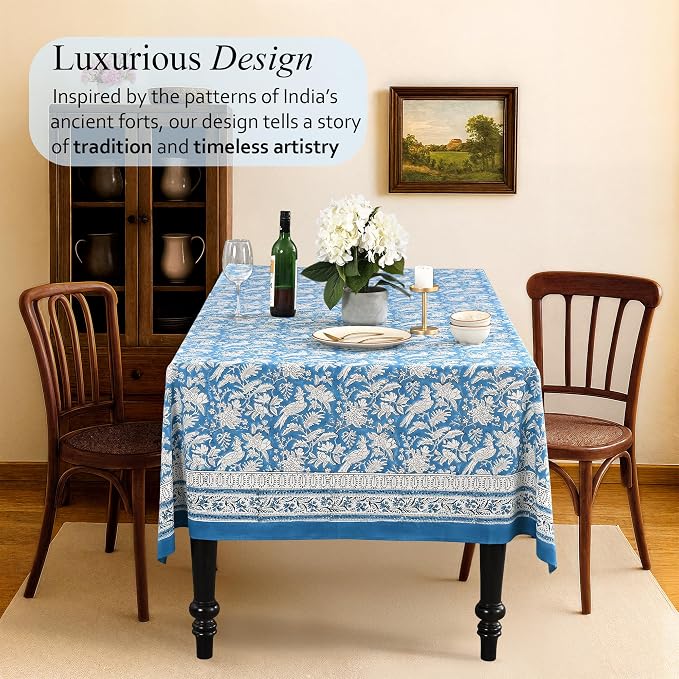CPC Tablecloth 100% Cotton 72x190 Inch Indian Block Print Rectangle Table Cover, Washable Table Cloth for Weddings, Spring/Summer, Barbeque - Blue Sapphire