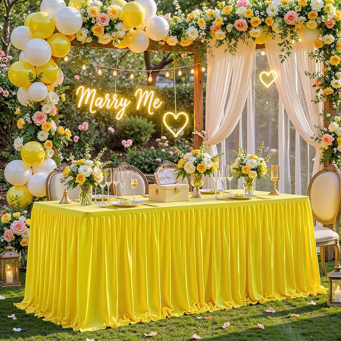 6 Packs Yellow Polyester Tablecloths Rectangle Tables 8ft, Stretch Fitted Table Covers for 8 Foot Tables Wrinkle Free Rectangle Table Cloth with Skirt for Birthday Party Events Banquet Baby Shower