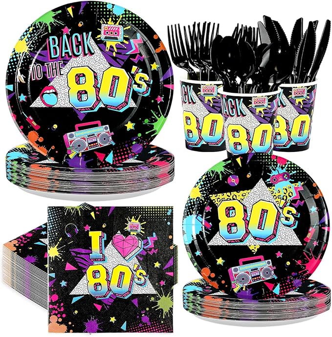 168 Pcs 80s Party Decorations Back to The 80s Plates Napkins Cups Forks Knives Spoons Retro Neon Hip Hop Tableware Set for 80's Theme Music Colorful Birthday Party Supplies Serves 24