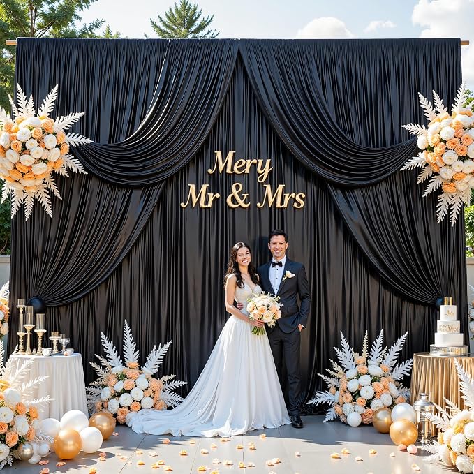10x10ft Black Glitter Backdrop Curtain for Parties, Wrinkle Free Satin Photo Backdrop Drapes 2 Panels 5x10FT Shimmer Back Drop Cloth for Christmas Wedding Photography Twilight Birthday Decorations