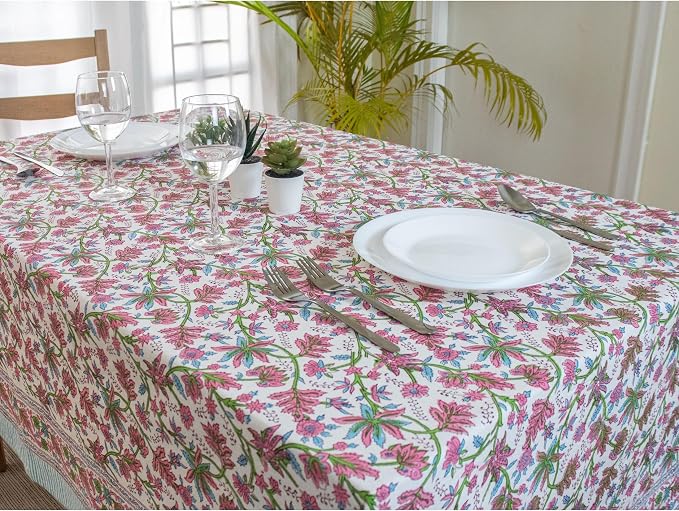 Block Print Table Cloth- 60x120 Inch Rectangle 100% Cotton Handmade Pre-Shrink, Washable for Spring, Kitchen & Dining Perfect for Patio, Indoor & Outdoor, Farmhouse