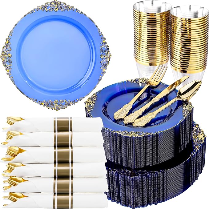 Nervure 350PCS CLear Blue Plastic Plates - Blue Gold Plastic Dinnerware Sets for 50 Guests - 100 Disposable Plates, 150 Silverware, 50 Cups, 50 Napkins for Wedding & Party