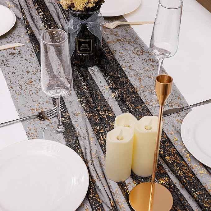 BINBE 3PCS Black Table Runner 10Ft Sheer Chiffon Fabric Cheesecloth Sequin Glitter Table Runner for Wedding Birthday Party Decor