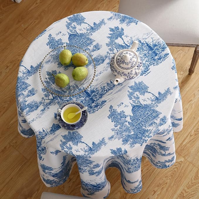 patdrea Elegant French Linen Tablecloth,Round,Diameter 55"-Lucerne A | Vintage Elegant Table Cloth for Round Table,Blue and White Chinoiserie Print,for Dining Room Tea Party Thanksgiving