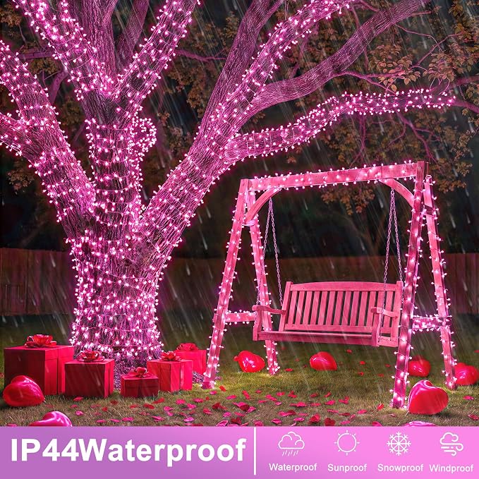 82 FT 250 LED Pink Christmas Lights Outdoor, String Lights for Outside with Waterproof 8 Modes, Plug in Clear Wire Fairy Twinkle Lights for Indoor Valentines Day Wedding Party Tree Decorations