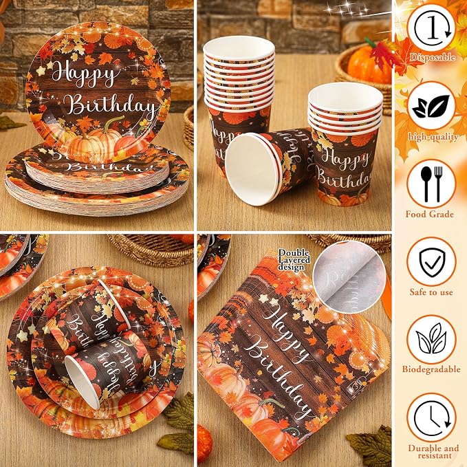 168 Pcs Fall Birthday Decorations Autumn Themed Party Supplies Maple Leaves Pumpkin Tableware Set Disposable Paper Plates Cups Utensils for Birthday Baby Shower Party Serve 24
