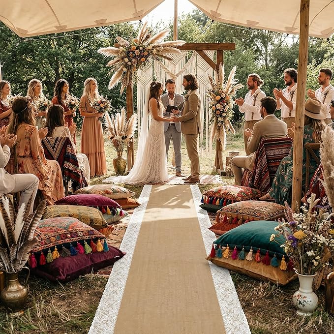 moonoom 15 Ft x 36 in Natural Burlap Wedding Aisle Runner, Rustic Jute Weddings Runway Carpet with Lace, Ceremony Burlap Carpet Roll for Beach Garden Church Reception Craft Decor