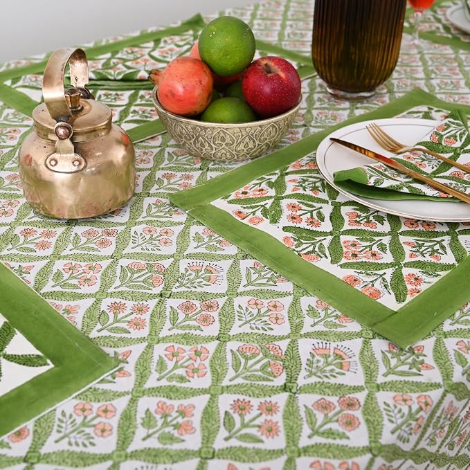 Hand Block Printed Tablecloth, Colorful Floral Print, Indian Artisan Handmade Art, Dining Room, Kitchen, Outdoor Décor, (Fresh Green Leaves, 14 Seater 72 x 160 Inches Rectangle)
