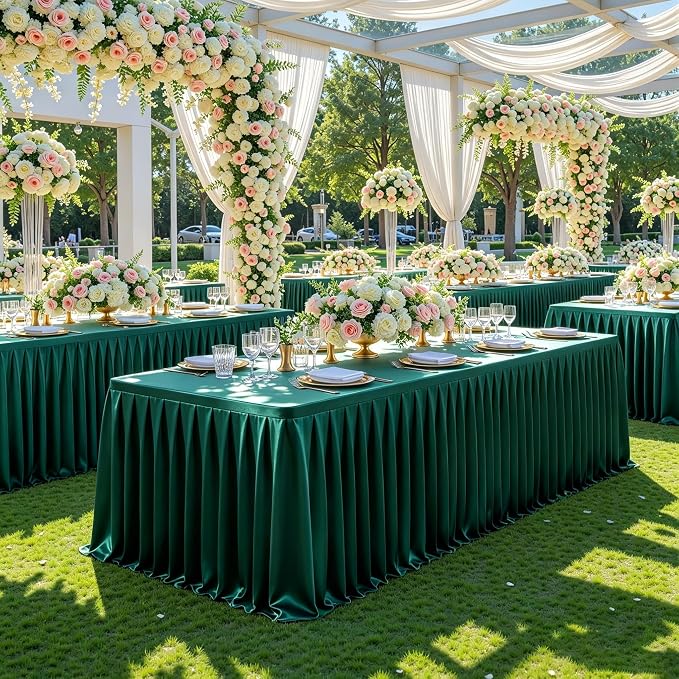 6 Packs Green Satin Tablecloths Rectangle 6FT, Glitter Spandex Fitted Stretch Table Covers Wrinkle-Free Floor Length Shimmer Table Skirt for Weddings Parties Baby Shower Banquets Vendor Events