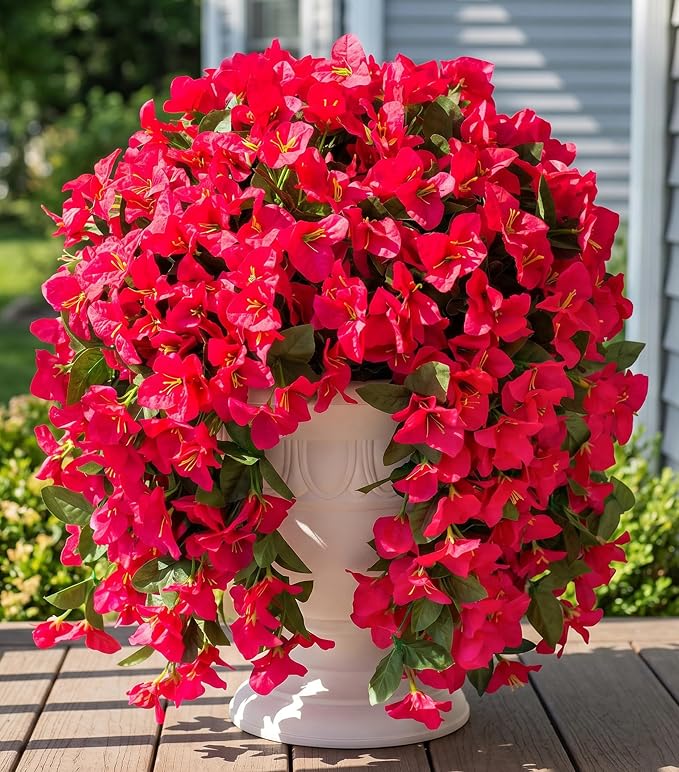 Faux Bougainvillea Artificial Flowers Plants for Outdoors Outside Decoration, 2 PCS Fake Flowers Silk Long Trailing Vines UV Resistant Realistic for Front Door Porch Planter Urn Patio Balcony Hot Pink
