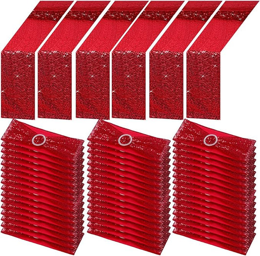 Newwiee 54 Pcs Red Sequin Chair Sashes and Table Runners, 48 Sequin Chair Bows, 6 Glitter Table Runners for Birthday Party Wedding Banquet Holiday Decorations