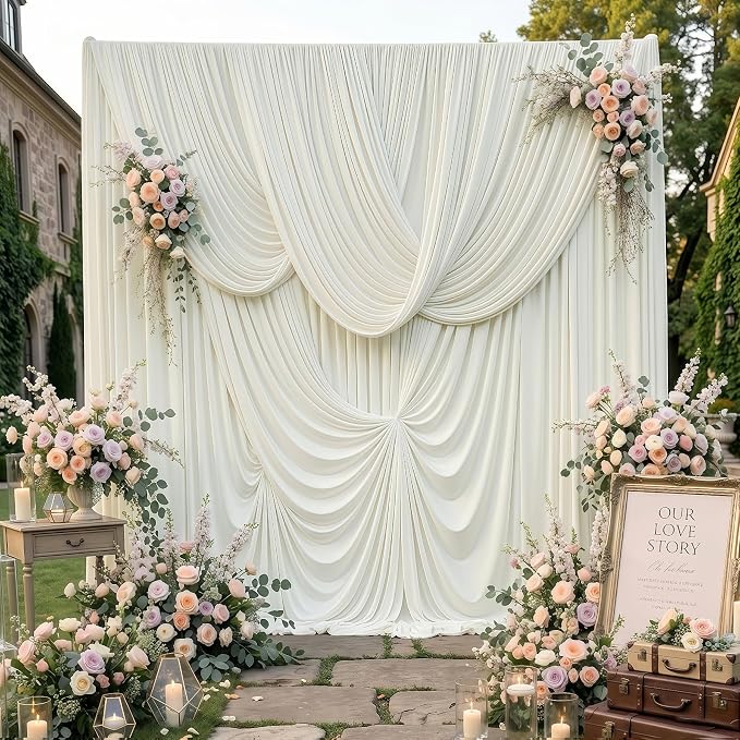 60x14ft Ivory Backdrop Curtain for Party, 12 Panels Wrinkle Free 14 Foot Long Polyester Photo Backdrop Drapes Photography Background for Wedding Birthday Gathing