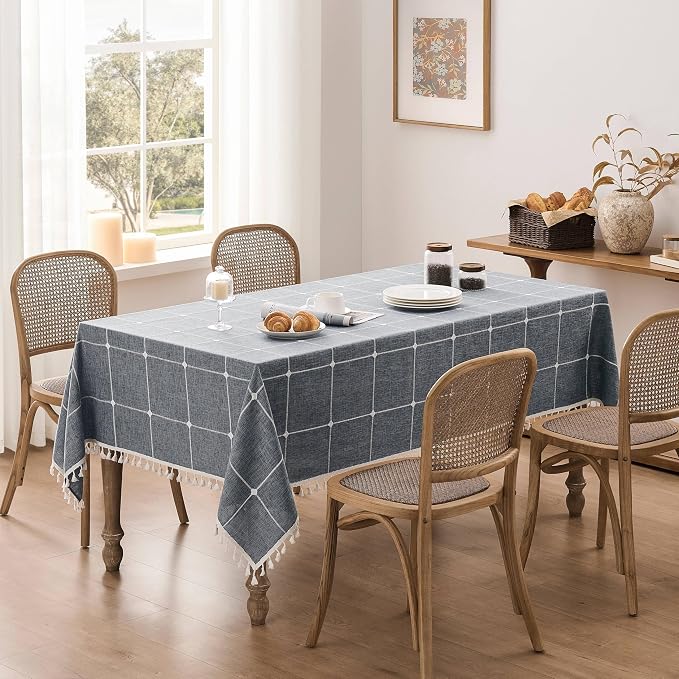 ZeeMart Boho Grid Table Cloth with Tassels (Blue Ashes, 52" x 70"), Heavy Weight Linen Checked Embroidered Farmhouse Tablecloth, Water Resistant Rectangle Blue Grey Tablecloths