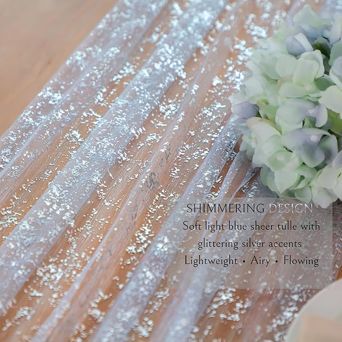 Snowkingdom Light Blue Silver Gauze Table Runner 10ft 120 inch Glitter Sheer Cheesecloth Tulle Home Dining Table Decoration for Bridal Baby Shower Summer Wedding Birthday Holidays Party