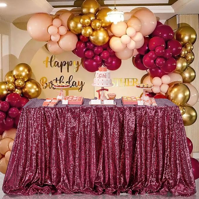 B-COOL Sequin Tablecloth Bling Party Wedding Tablecloths for Rectangular & Round Table Sparkle Sequence Table Skirts Cloths Home Kitchen Dinner Christmas New Year Parties Burgundy 90x132 Inch