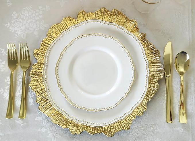 " OCCASIONS " 150pcs set (25 Guests)-Wedding Plastic Plates & cutlery -Disposable heavyweight Dinnerware 10.25'', 7.5'' + Silverware w/double fork (Rochelle White & Gold)