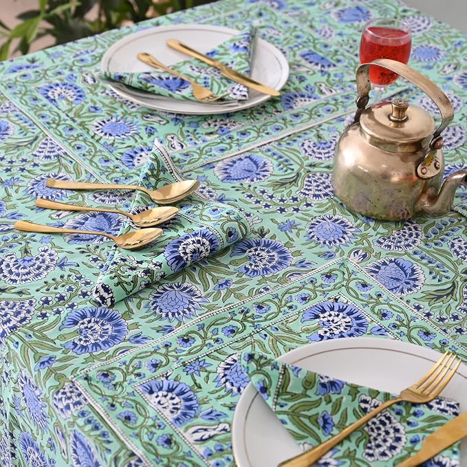 Hand Block Printed Tablecloth, Colorful Floral Print, Indian Artisan Handmade Art, Dining Room, Kitchen, Outdoor Décor, (Mint Green Blue, 16 Seater 72 x 190 Inches Rectangle)