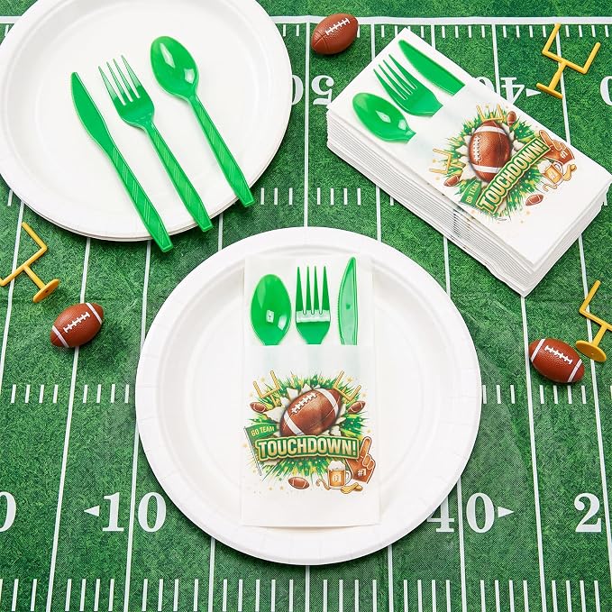 LemonRoad 50 Sets Football Party Plastic Silverware Pre-folded Cutlery Serves 50 Includes Forks Knives Spoons Paper Napkin Disposable Football Tableware for Tailgate Party Sports Gathering Game Day