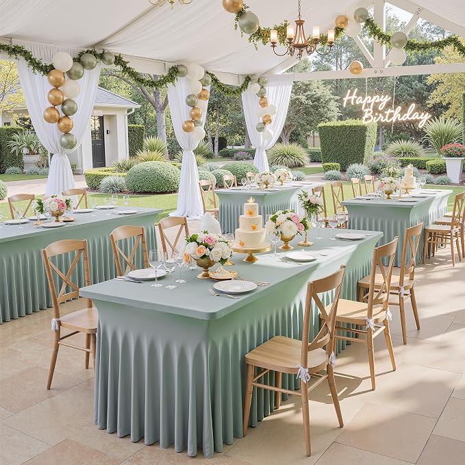 Outpain Dusty Green Spandex Table Clothes for 6 Foot Rectangle Tables-2Pack 6FT Spandex Fitted Table Cover, Wrinkle Free Tablecloths with Skirt for Parties, Wedding, Birthday, Banquet, Festival