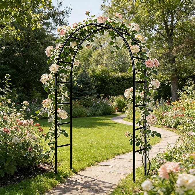 Iron Pergola Arbor Practical, 7.9 Feet High x 4.6 Feet Wide, Assemble Easily for Various Climbing Plant Wedding Garden Arch Bridal Party Decoration Wide Arbor