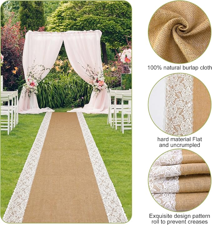 moonoom 20 Ft x 36 in Natural Burlap Wedding Aisle Runner, Rustic Jute Weddings Runway Carpet with Lace, Ceremony Burlap Carpet Roll for Beach Garden Church Reception Craft Decor