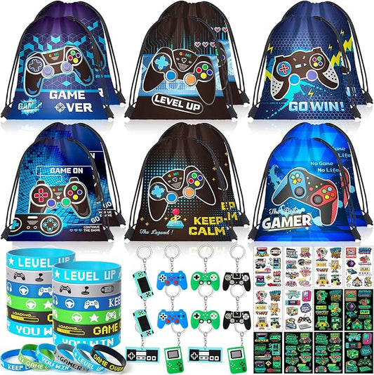SNLN Video Game Party Favors Birthday Supplies, Gamer Drawstring Bag Keychain Silicone Bracelet Tattoo Sticker, Gamer Gaming Birthday Party Favor Goodie Bag Stuffers Fillers Classroom Rewards for Kids